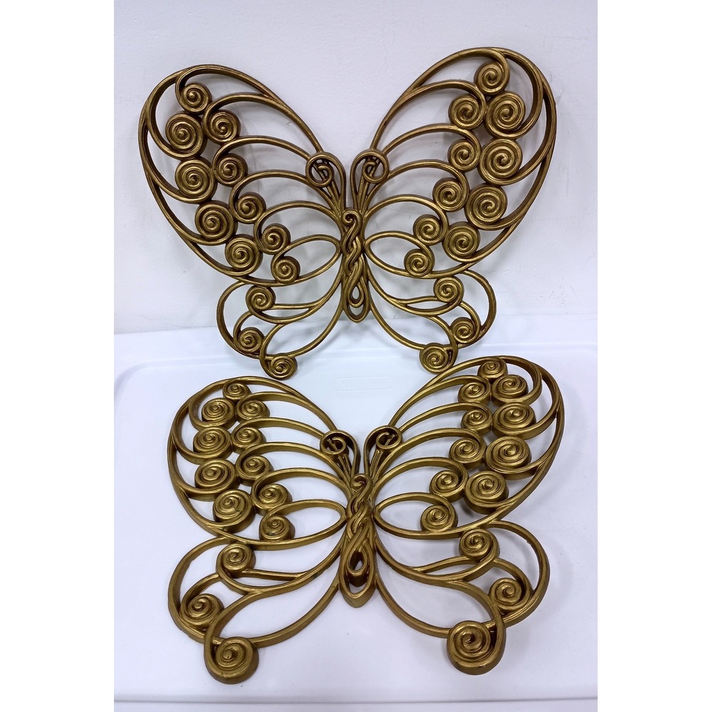 Vintage Butterfly Wall Decor Set of 2 Gold MCM Retro Hollywood Regency 16"
